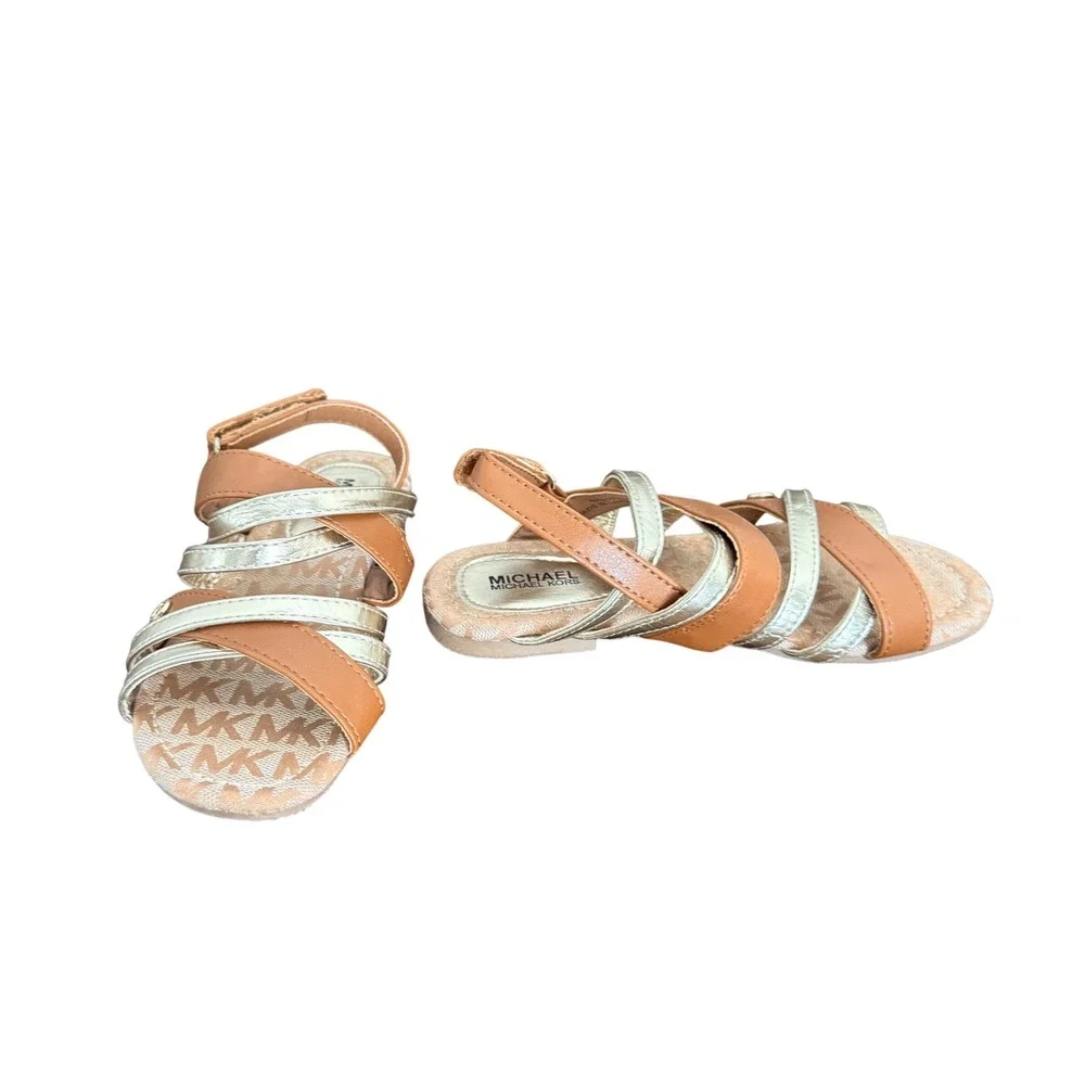 Michael Kors Girls‎ Tan Silver Strappy Logo Sandals MK Monogram Size 13 Kids